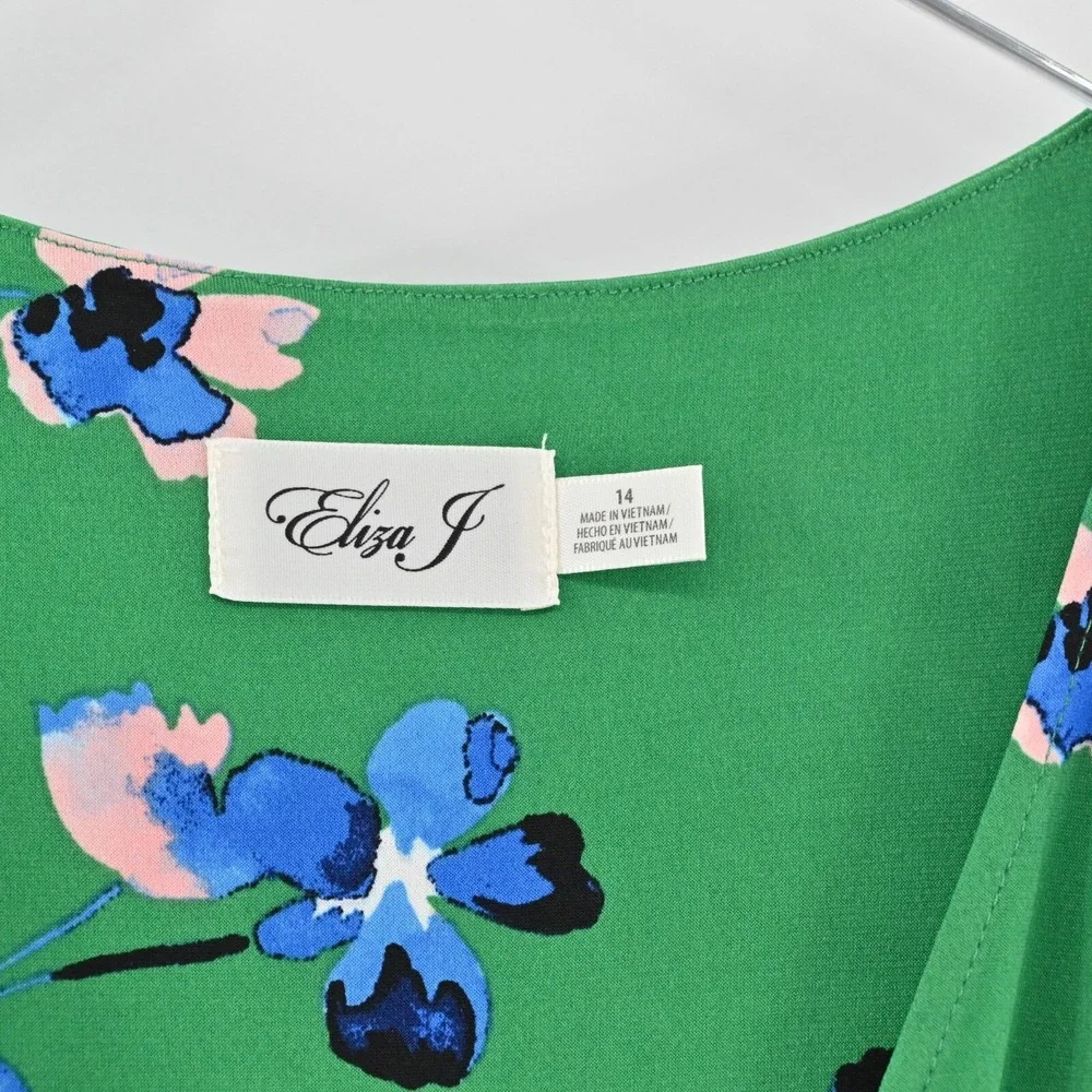 ELIZA J Dress Size 14 Green Floral V‎ Neck Long Sleeve Tie Belt Faux Wrap Midi - Picture 7 of 12